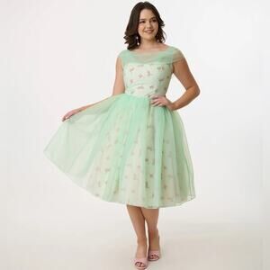 NEW Barbie X Unique Vintage 1960s Green Chiffon Rose Modern Art Swing Dress 6/8